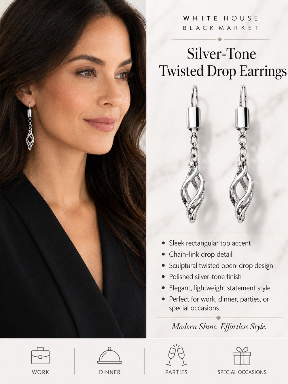 White House Black Market Silver Twisted Chain-Drop Earrings